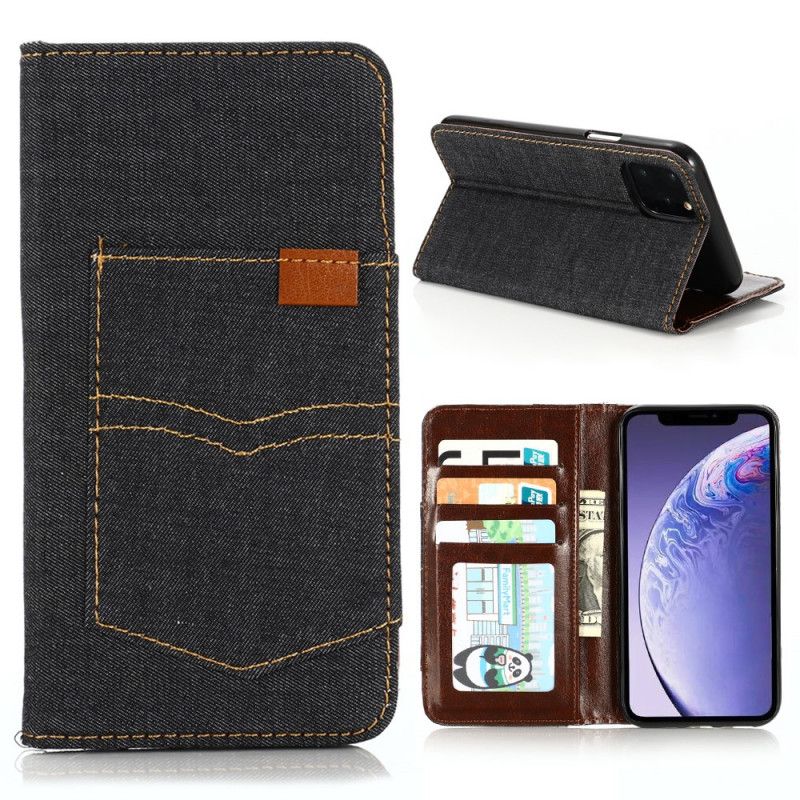 Folio-hoesje iPhone 12 Pro Max Donkerblauw Zwart Telefoonhoesje Kaarthouder Vooraan In Jeanszak