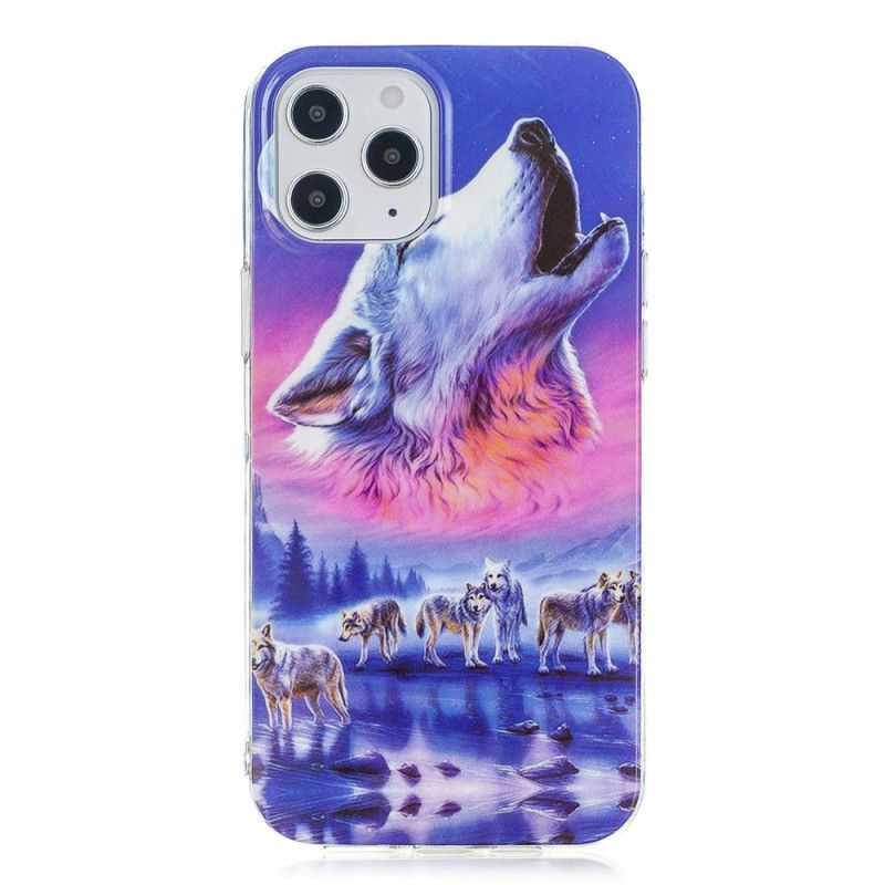 Hoesje iPhone 12 Pro Max Donkerblauw Zwart Serie Fluorescerende Wolven