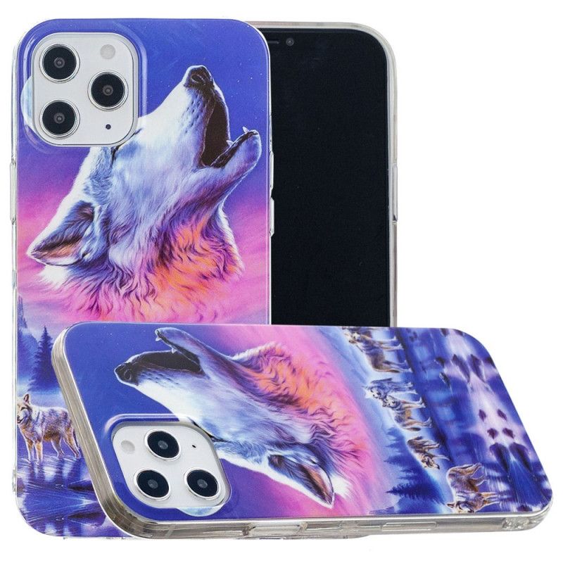 Hoesje iPhone 12 Pro Max Donkerblauw Zwart Serie Fluorescerende Wolven