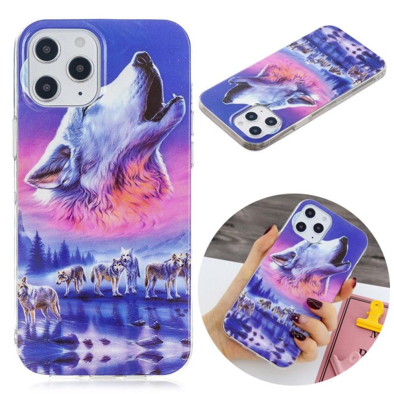 Hoesje iPhone 12 Pro Max Donkerblauw Zwart Serie Fluorescerende Wolven