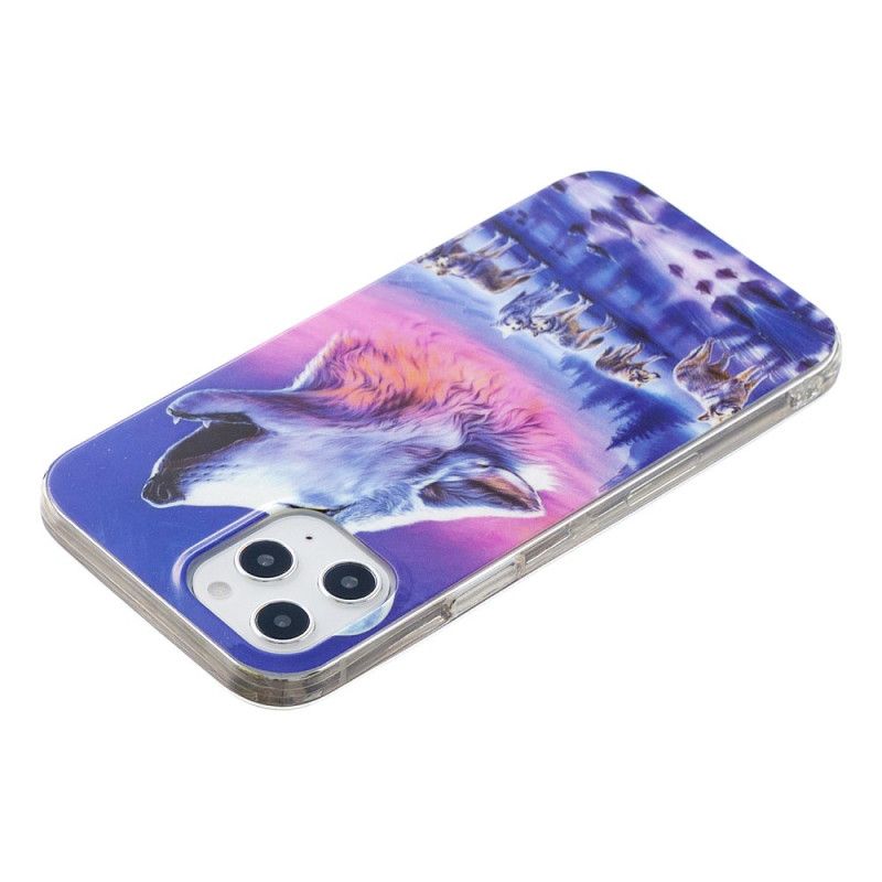 Hoesje iPhone 12 Pro Max Donkerblauw Zwart Serie Fluorescerende Wolven