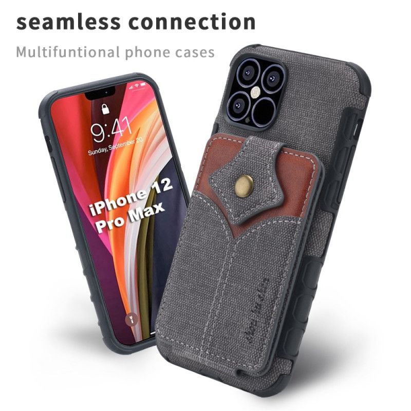 Hoesje iPhone 12 Pro Max Grijs Zwart Opvouwbare Kaarthouder Met Textuur