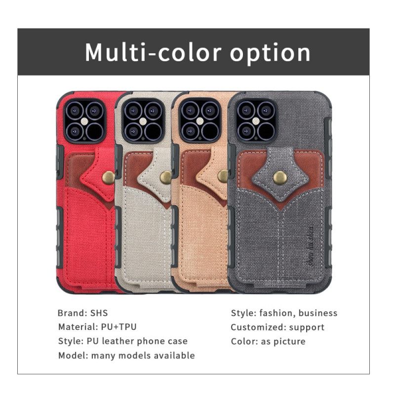 Hoesje iPhone 12 Pro Max Grijs Zwart Opvouwbare Kaarthouder Met Textuur
