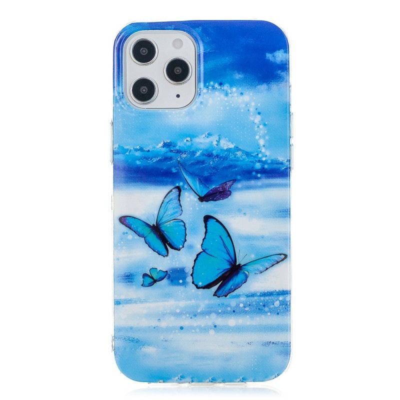 Hoesje iPhone 12 Pro Max Lichtblauw Donkerblauw Serie Fluorescerende Vlinder