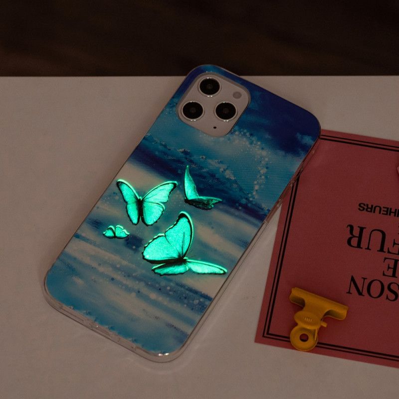 Hoesje iPhone 12 Pro Max Lichtblauw Donkerblauw Serie Fluorescerende Vlinder
