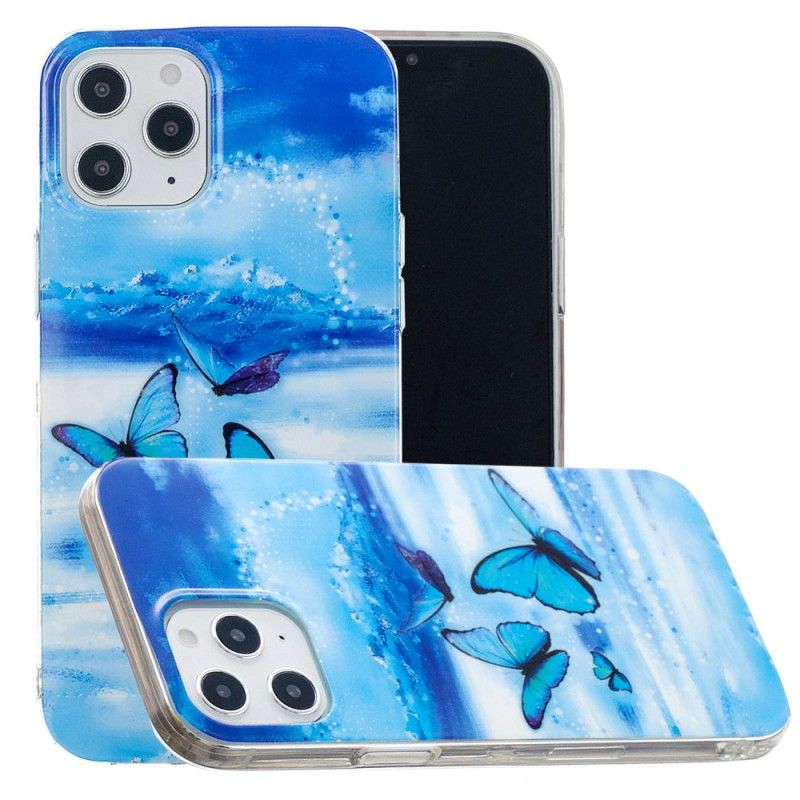 Hoesje iPhone 12 Pro Max Lichtblauw Donkerblauw Serie Fluorescerende Vlinder
