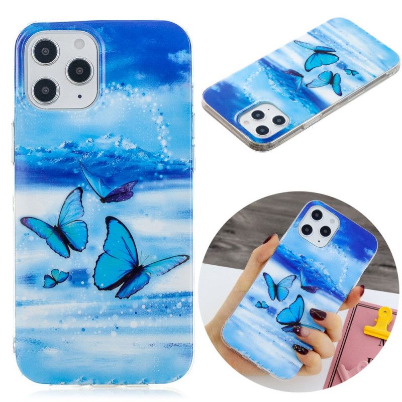 Hoesje iPhone 12 Pro Max Lichtblauw Donkerblauw Serie Fluorescerende Vlinder