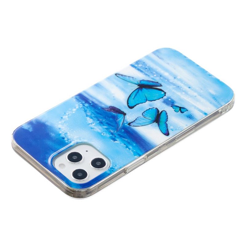 Hoesje iPhone 12 Pro Max Lichtblauw Donkerblauw Serie Fluorescerende Vlinder