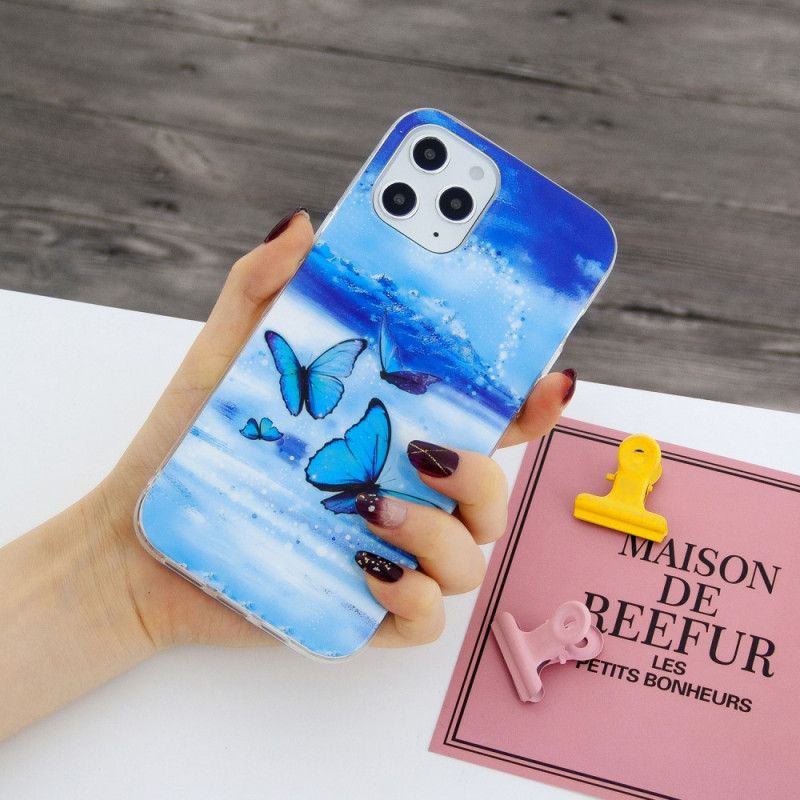 Hoesje iPhone 12 Pro Max Lichtblauw Donkerblauw Serie Fluorescerende Vlinder