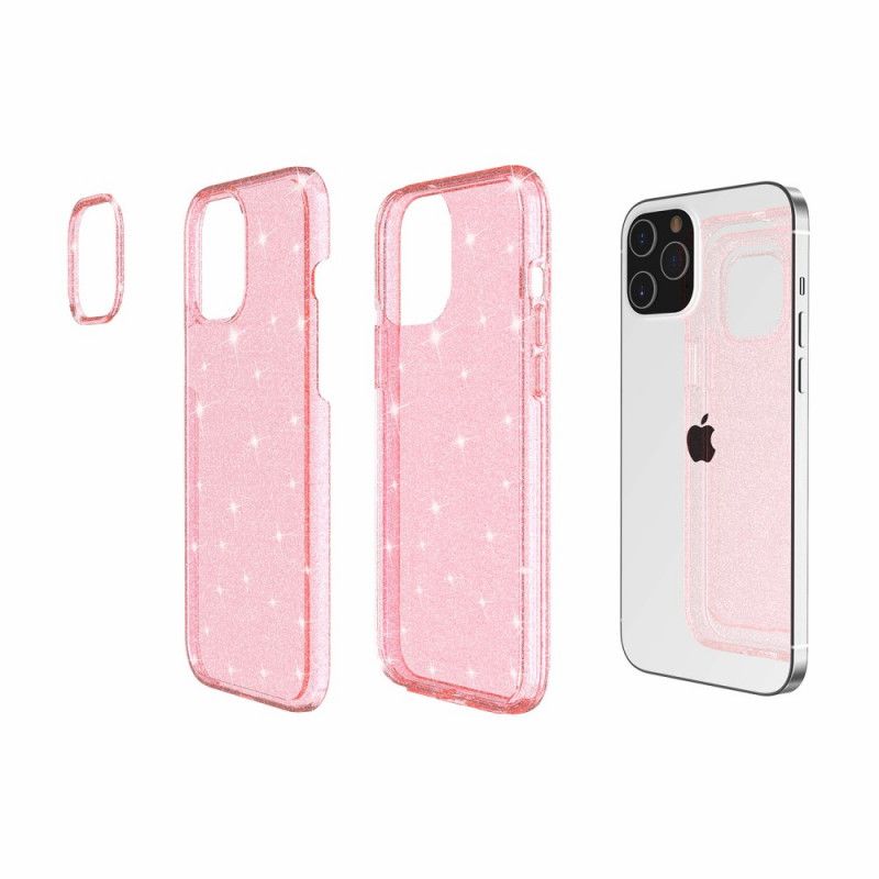 Hoesje iPhone 12 Pro Max Roze Grijs Transparante Glitter