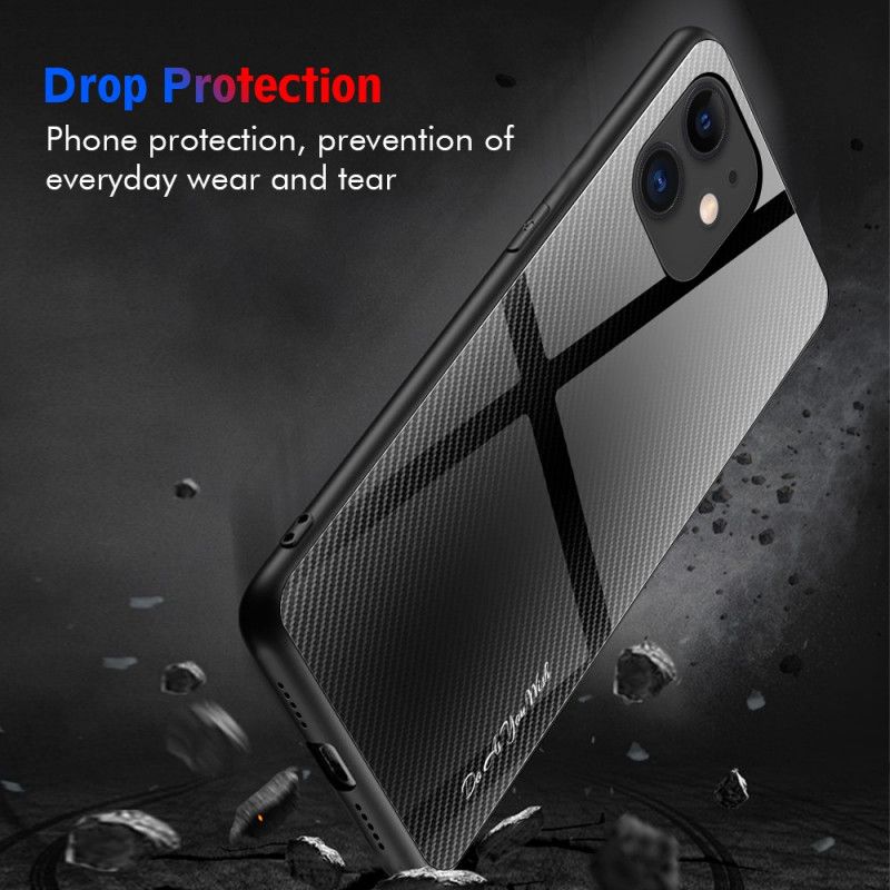 Hoesje iPhone 12 Pro Max Wit Zwart Klassiek Koolstofvezel Gehard Glas