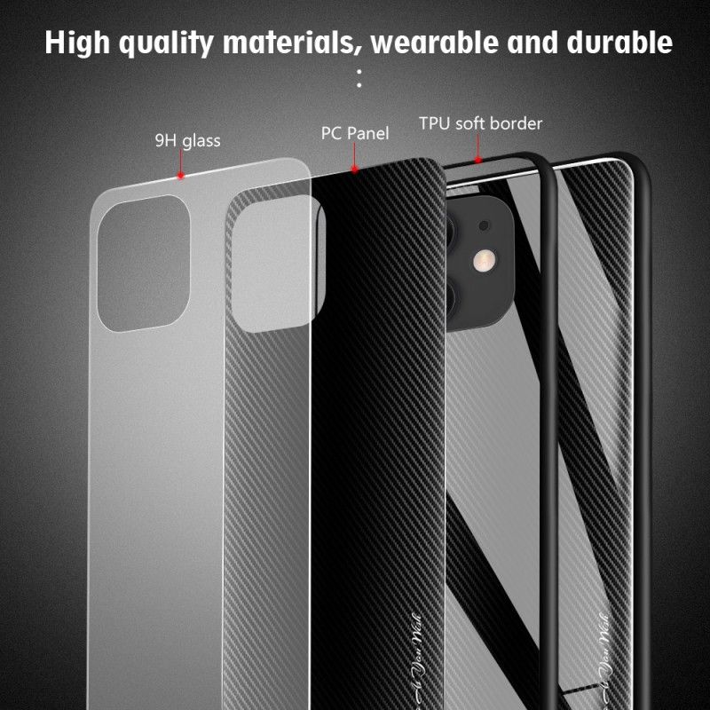 Hoesje iPhone 12 Pro Max Wit Zwart Klassiek Koolstofvezel Gehard Glas