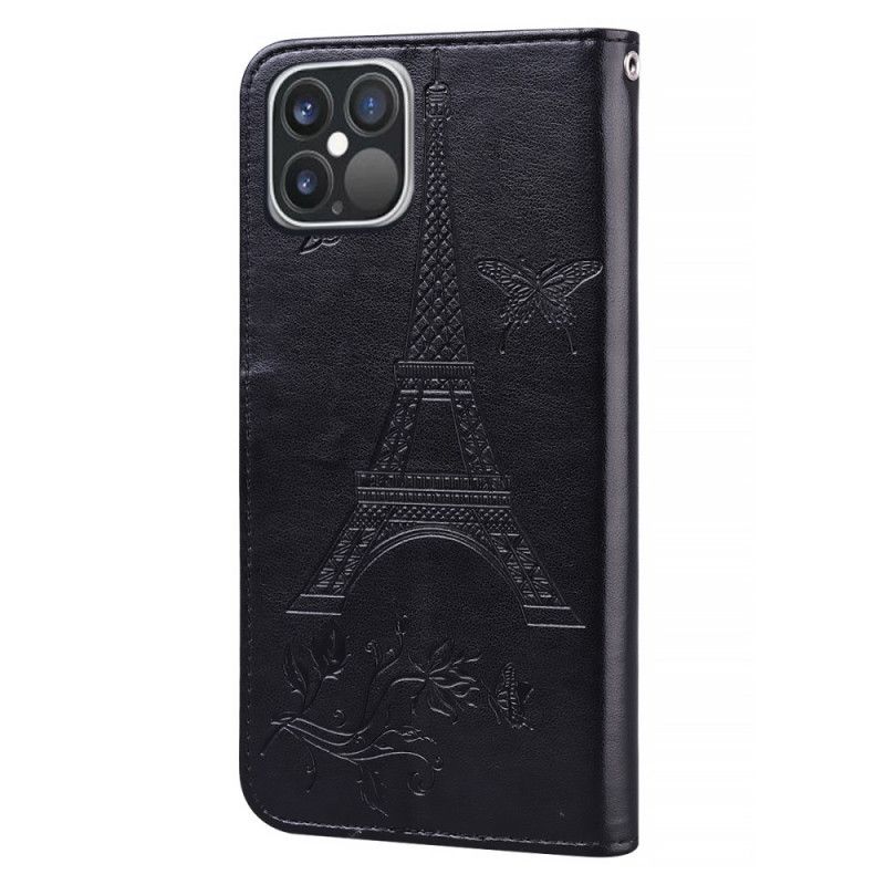 Leren Hoesje voor iPhone 12 Pro Max Oranje Zwart Leerstijl Van De Eiffeltoren