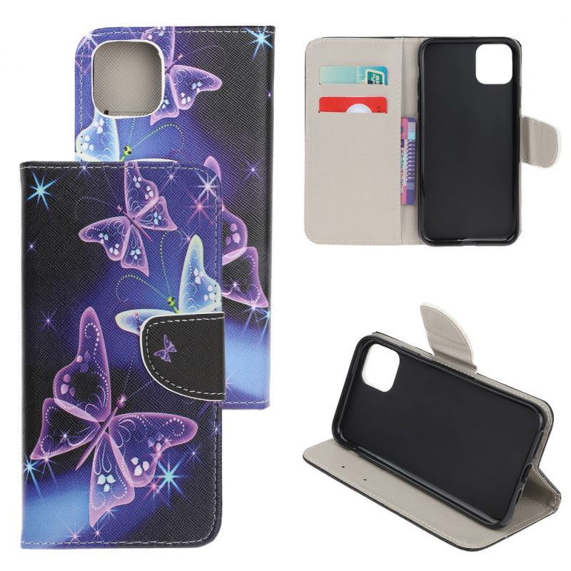 Leren Hoesje voor iPhone 12 Pro Max Paars Lichtblauw Kleurrijke Vlinder