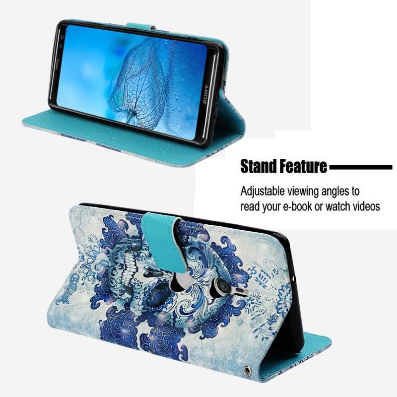 Leren Hoesje voor Sony Xperia XZ3 3D Blauwe Schedel