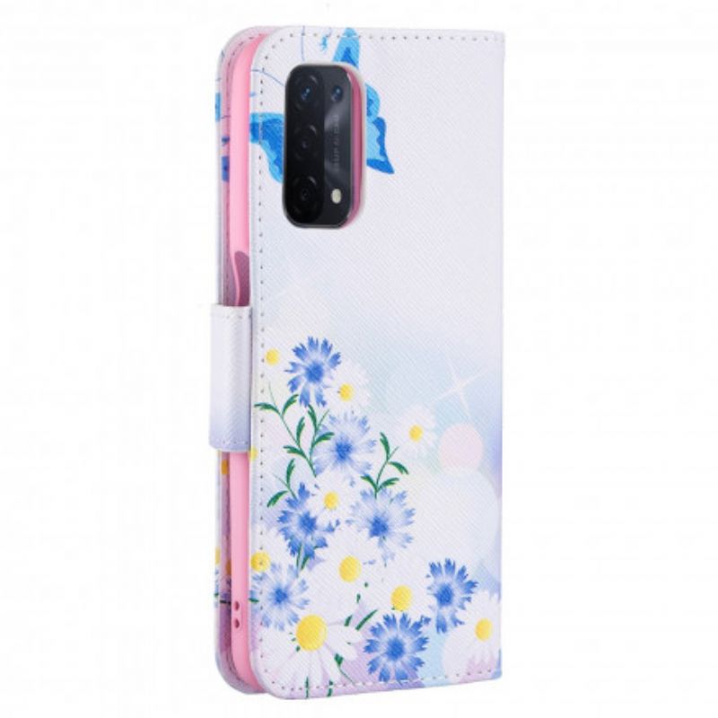 Leren Hoesje Oppo A54 5g / A74 5g Geschilderde Vlinders En Bloemen Bescherming Hoesje