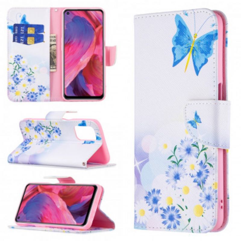 Leren Hoesje Oppo A54 5g / A74 5g Geschilderde Vlinders En Bloemen Bescherming Hoesje