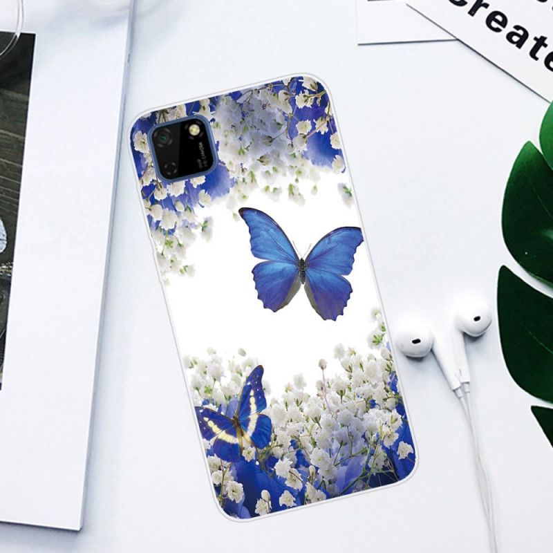 Hoesje voor Huawei Y5p Goud Donkerblauw Vlinders