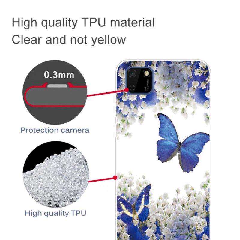 Hoesje voor Huawei Y5p Goud Donkerblauw Vlinders