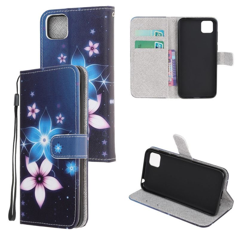 Leren Hoesje voor Huawei Y5p Maanbloemen Met String