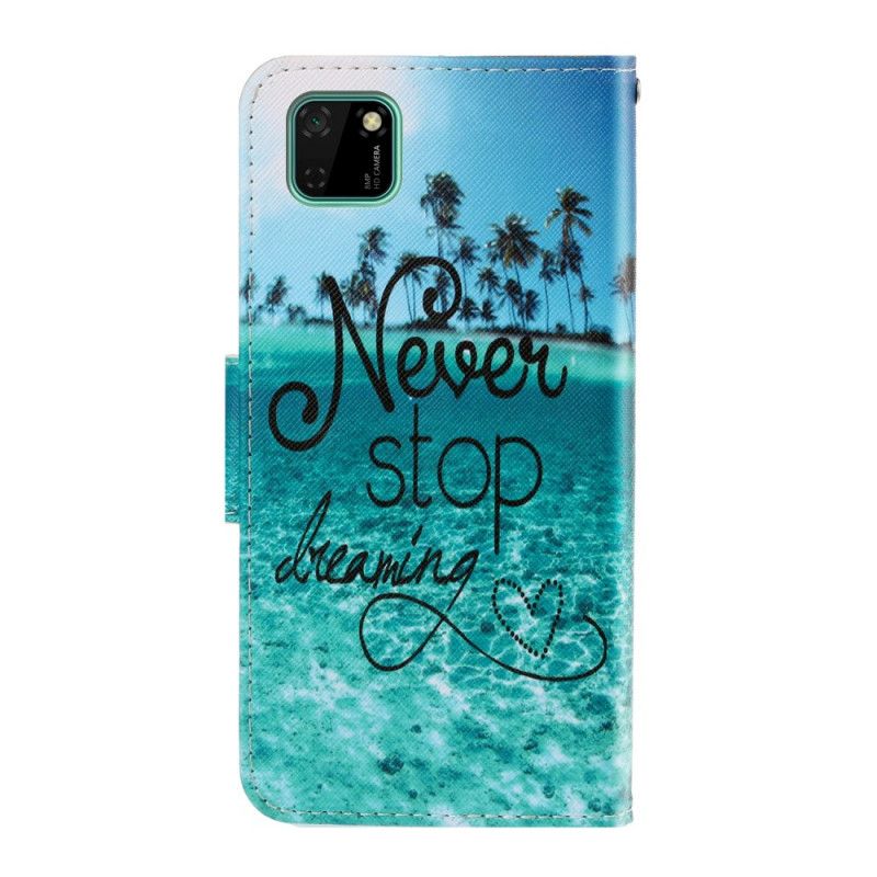 Leren Hoesje voor Huawei Y5p Stop Nooit Met Dromen Marinier Met String