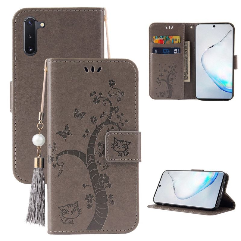Leren Hoesje OnePlus Nord Magenta Grijs Boom En Kat Met Stringkraal