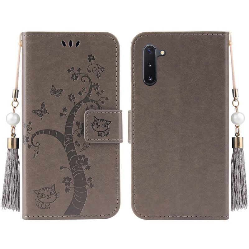 Leren Hoesje OnePlus Nord Magenta Grijs Boom En Kat Met Stringkraal