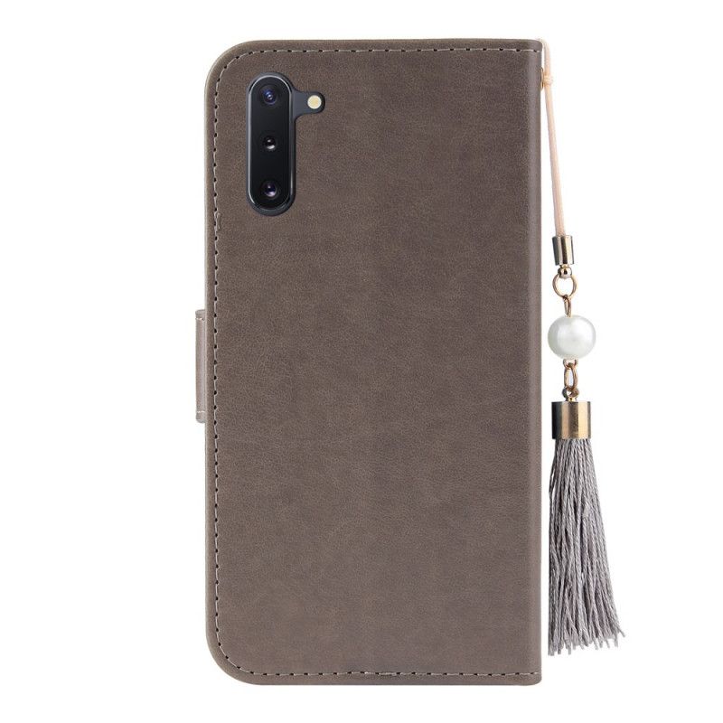 Leren Hoesje OnePlus Nord Magenta Grijs Boom En Kat Met Stringkraal