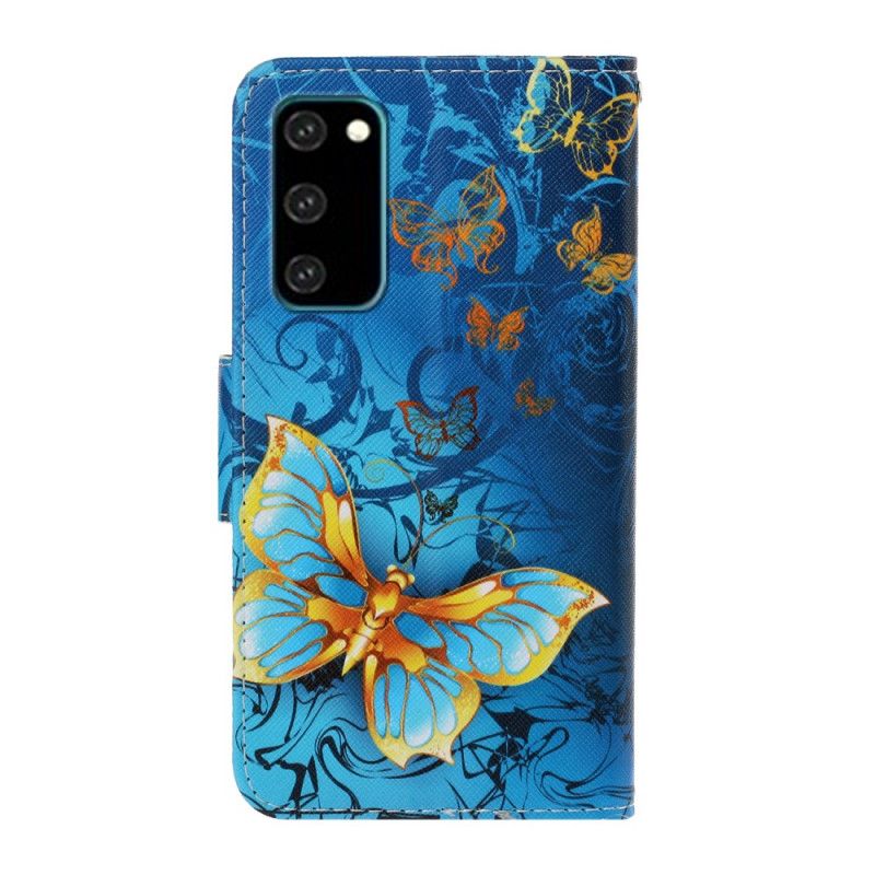 Cover Folio-hoesje Samsung Galaxy S20 Donkerblauw Zwart Telefoonhoesje Vlindervariaties Met String