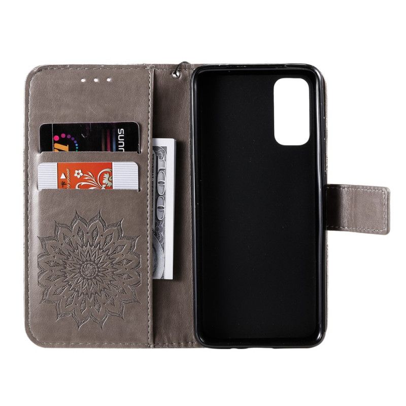 Flip Case Leren Samsung Galaxy S20 Rood Grijs Zonnebloem