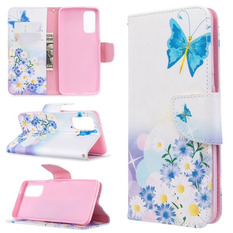 Leren Hoesje Samsung Galaxy S20 Lichtblauw Magenta Geschilderde Vlinders En Bloemen