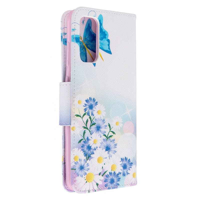 Leren Hoesje Samsung Galaxy S20 Lichtblauw Magenta Geschilderde Vlinders En Bloemen
