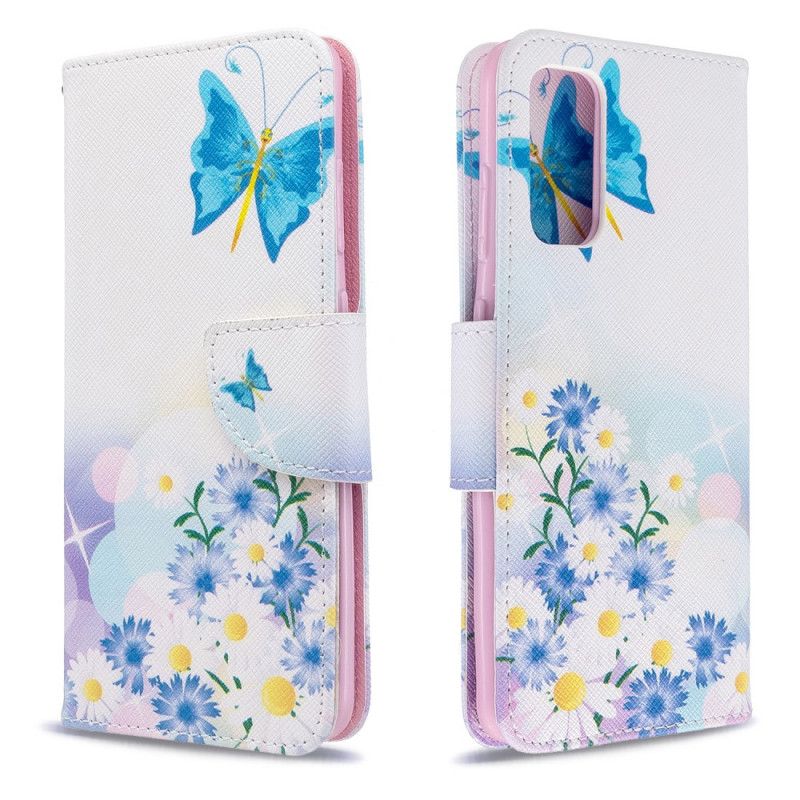 Leren Hoesje Samsung Galaxy S20 Lichtblauw Magenta Geschilderde Vlinders En Bloemen