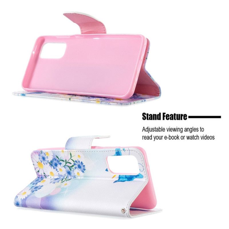 Leren Hoesje Samsung Galaxy S20 Lichtblauw Magenta Geschilderde Vlinders En Bloemen