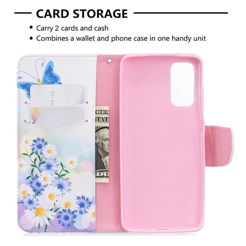 Leren Hoesje Samsung Galaxy S20 Lichtblauw Magenta Geschilderde Vlinders En Bloemen