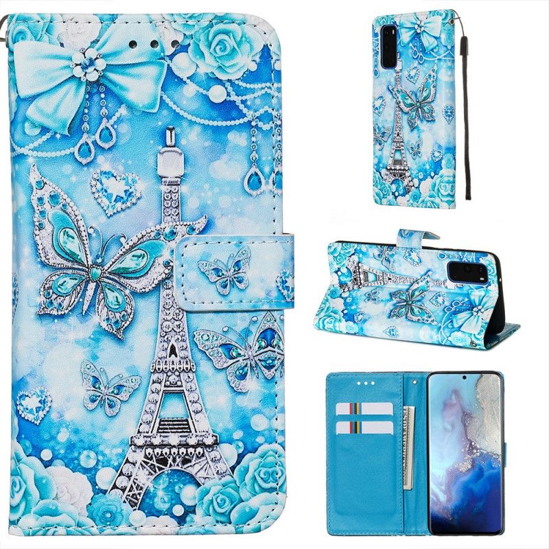 Leren Hoesje voor Samsung Galaxy S20 Eiffeltoren Vlinders Met Riem