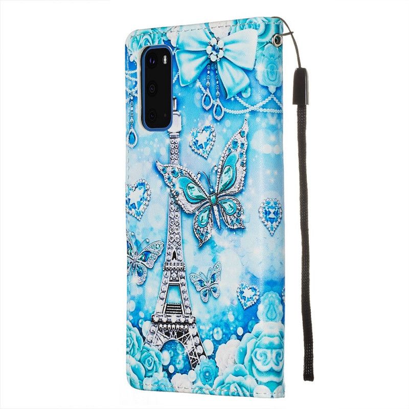 Leren Hoesje voor Samsung Galaxy S20 Eiffeltoren Vlinders Met Riem