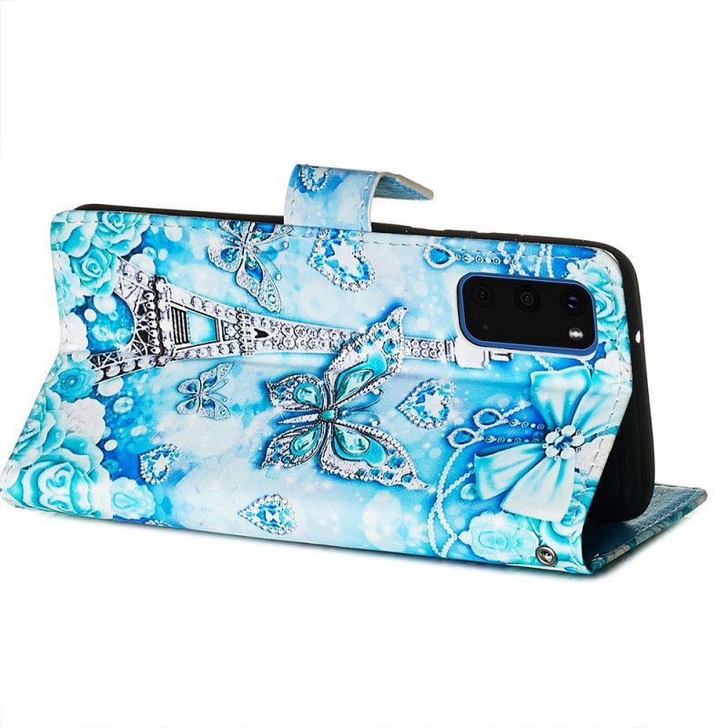 Leren Hoesje voor Samsung Galaxy S20 Eiffeltoren Vlinders Met Riem