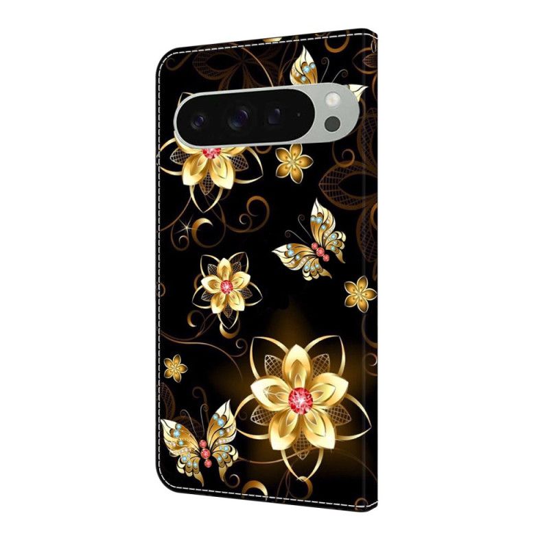 Leren Hoesje Google Pixel 10 Pro Xl Gouden Bloemen En Vlinders Bescherming Hoesje