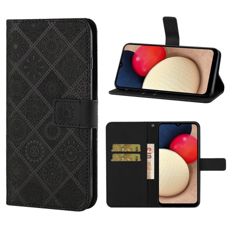 Cover Folio-hoesje Samsung Galaxy A02s Wit Zwart Telefoonhoesje Tapijtpatroon