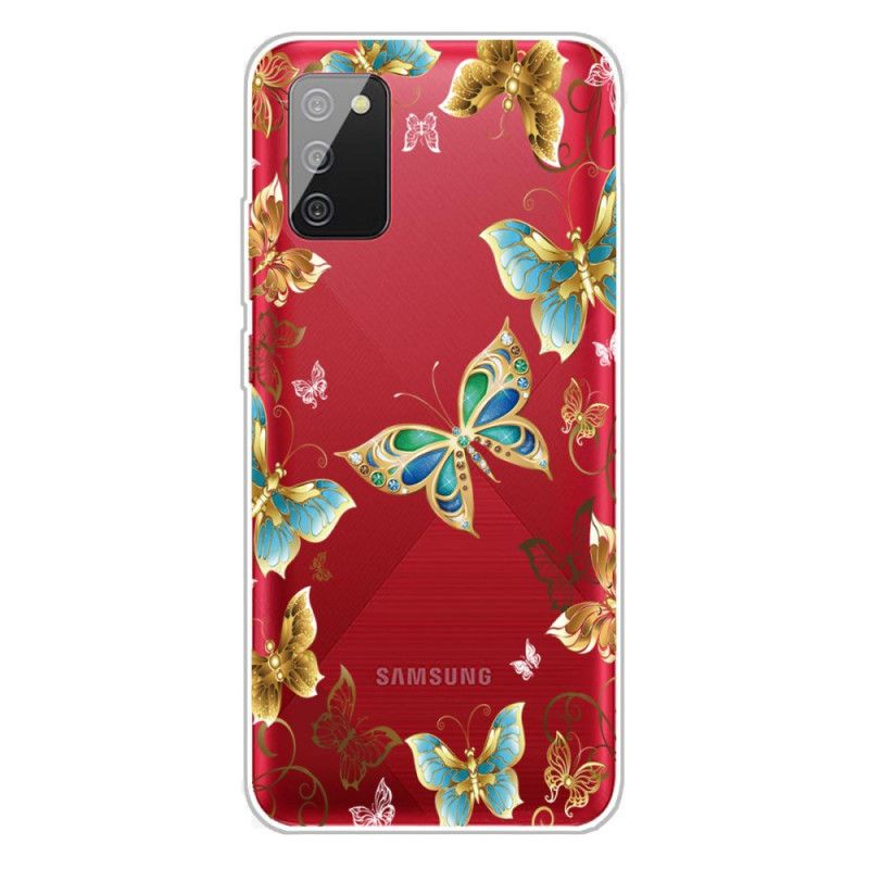 Hoesje voor Samsung Galaxy A02s Goud Donkerblauw Design Vlinders