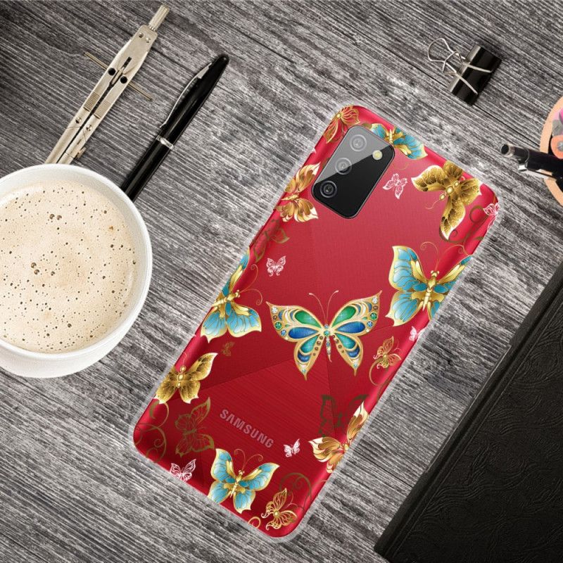 Hoesje voor Samsung Galaxy A02s Goud Donkerblauw Design Vlinders