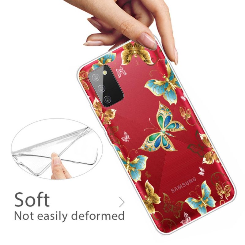 Hoesje voor Samsung Galaxy A02s Goud Donkerblauw Design Vlinders