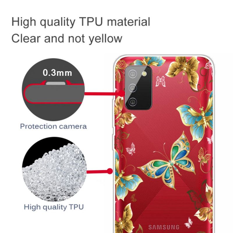 Hoesje voor Samsung Galaxy A02s Goud Donkerblauw Design Vlinders