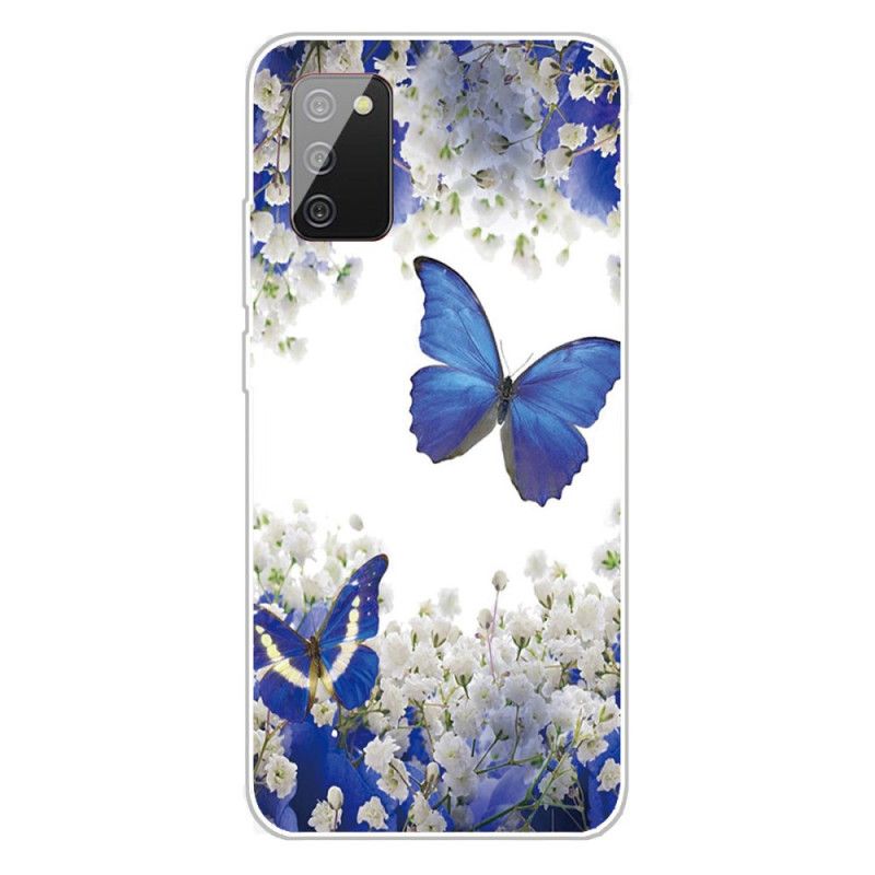 Hoesje voor Samsung Galaxy A02s Goud Donkerblauw Design Vlinders