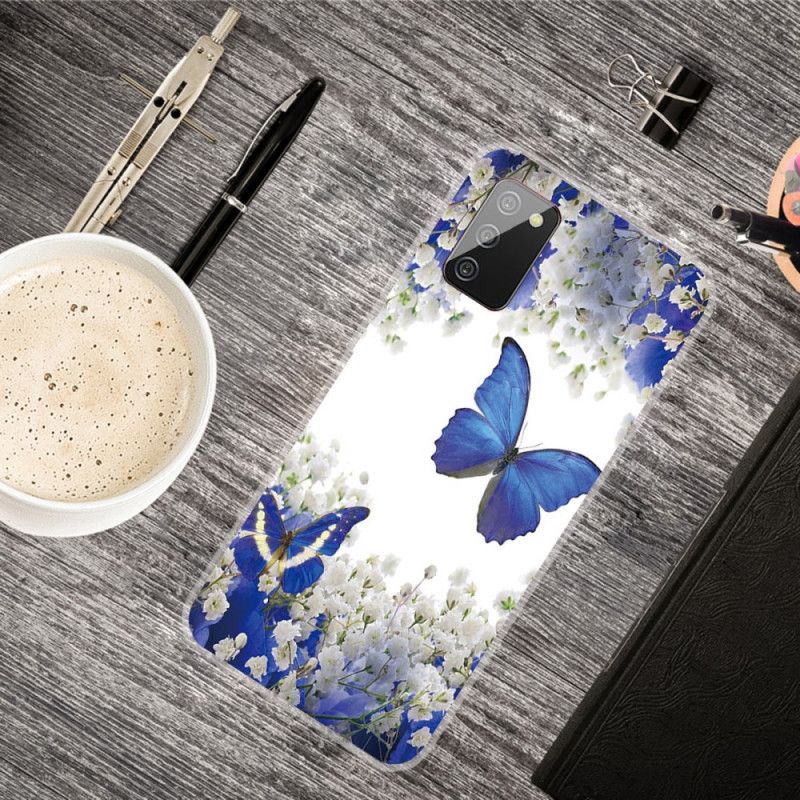 Hoesje voor Samsung Galaxy A02s Goud Donkerblauw Design Vlinders