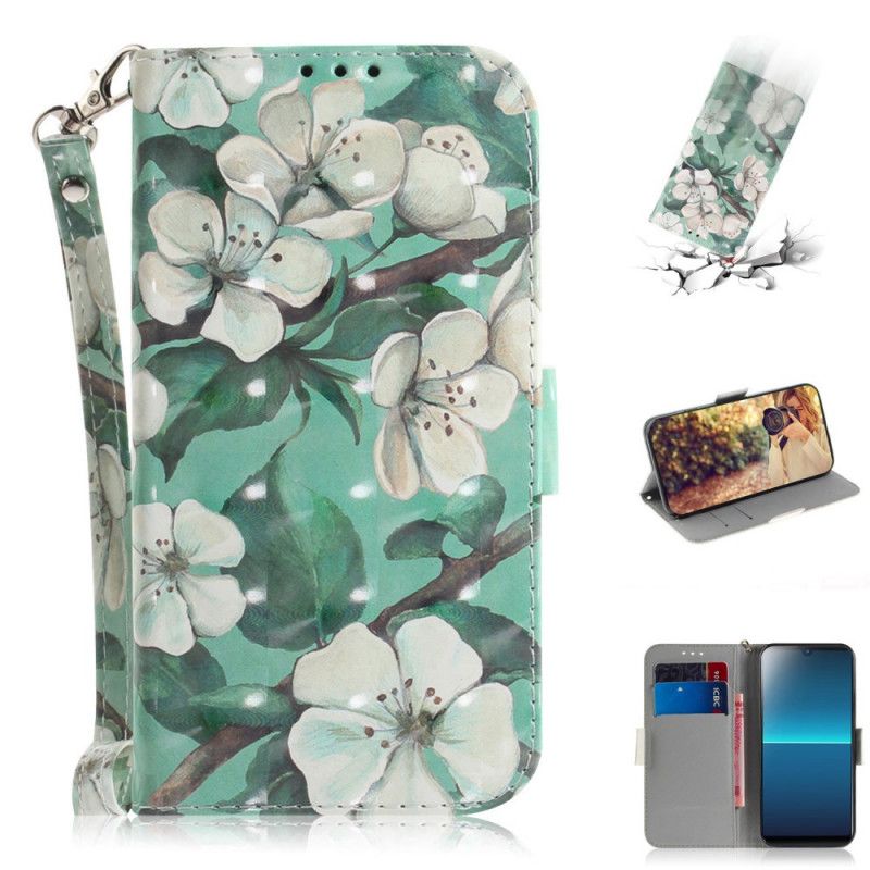 Leren Hoesje Sony Xperia L4 Groen Grijs Bloeiende Tak Met String