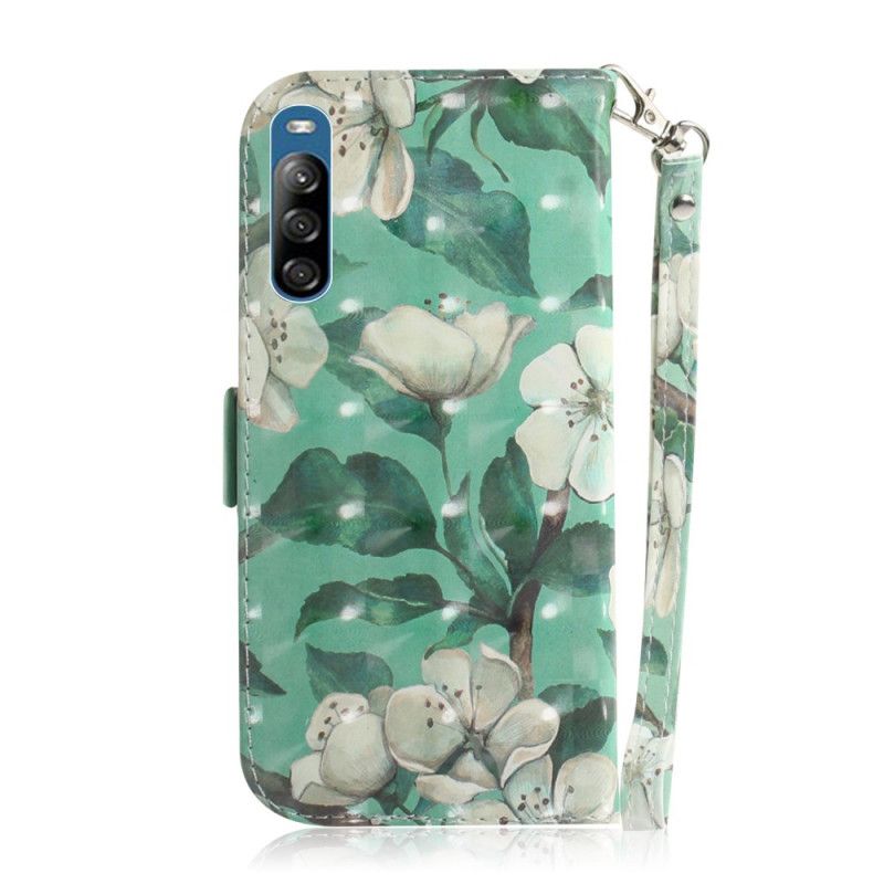 Leren Hoesje Sony Xperia L4 Groen Grijs Bloeiende Tak Met String