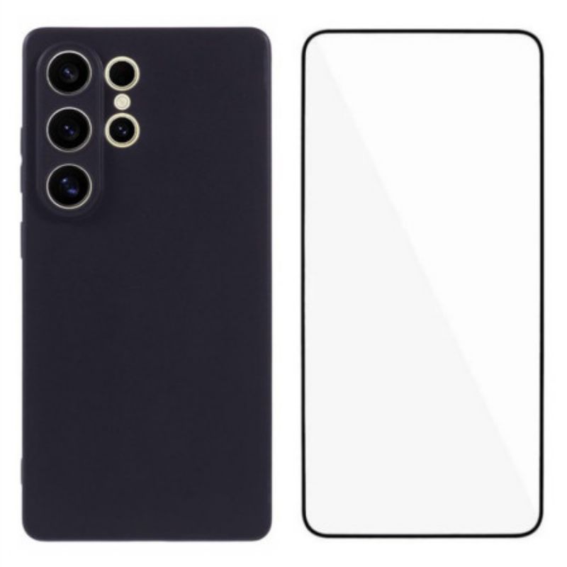 Hoesje Samsung Galaxy S25 Ultra 5g Mat Siliconen Scherm Met Gehard Glazen Scherm Beschermer