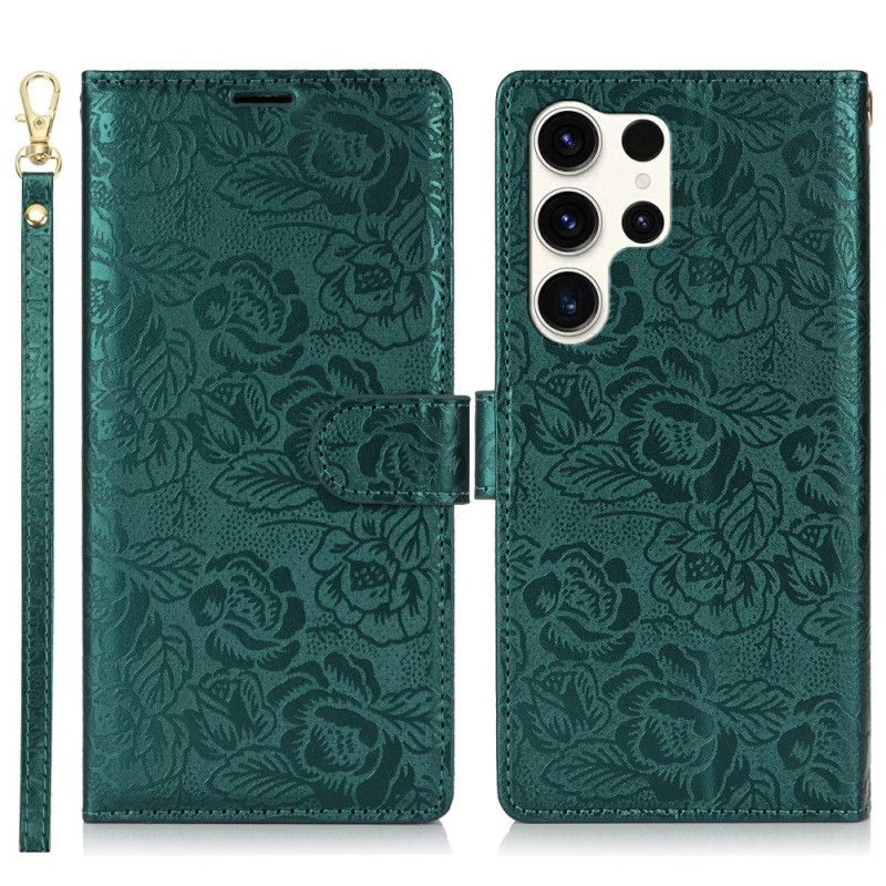 Leren Hoesje Samsung Galaxy S25 Ultra 5g Bloemenprint Met Bandje